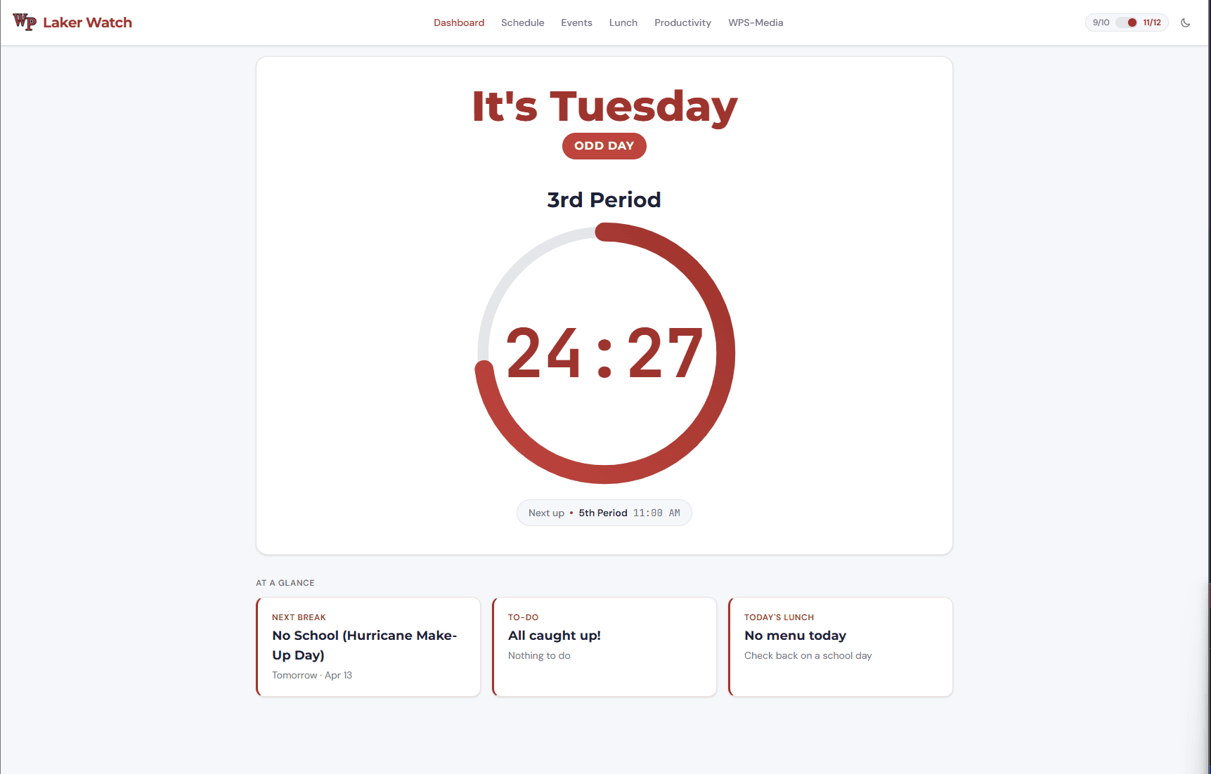 LakerWatch dashboard at Windermere Prep showing the countdown ring, current period, and upcoming events.