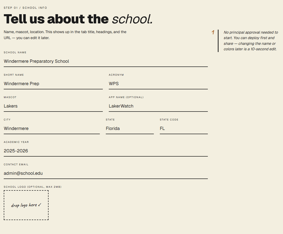 SchoolWatch wizard step 01: Name your school.
