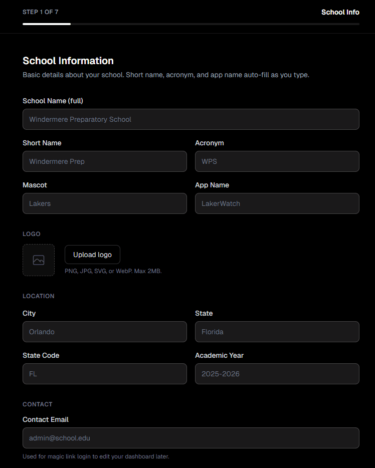 SchoolWatch wizard step 01: Name your school.