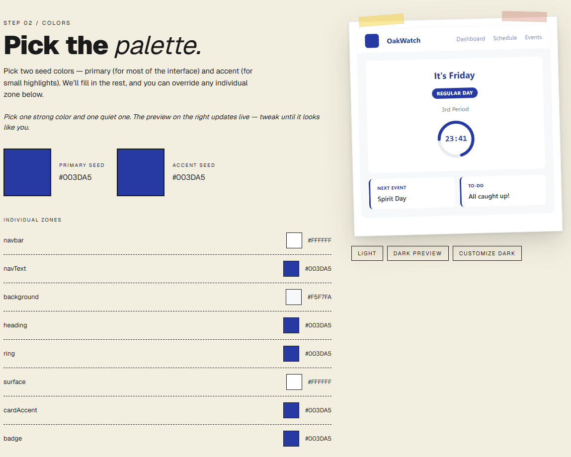 SchoolWatch wizard step 02: Pick your palette.