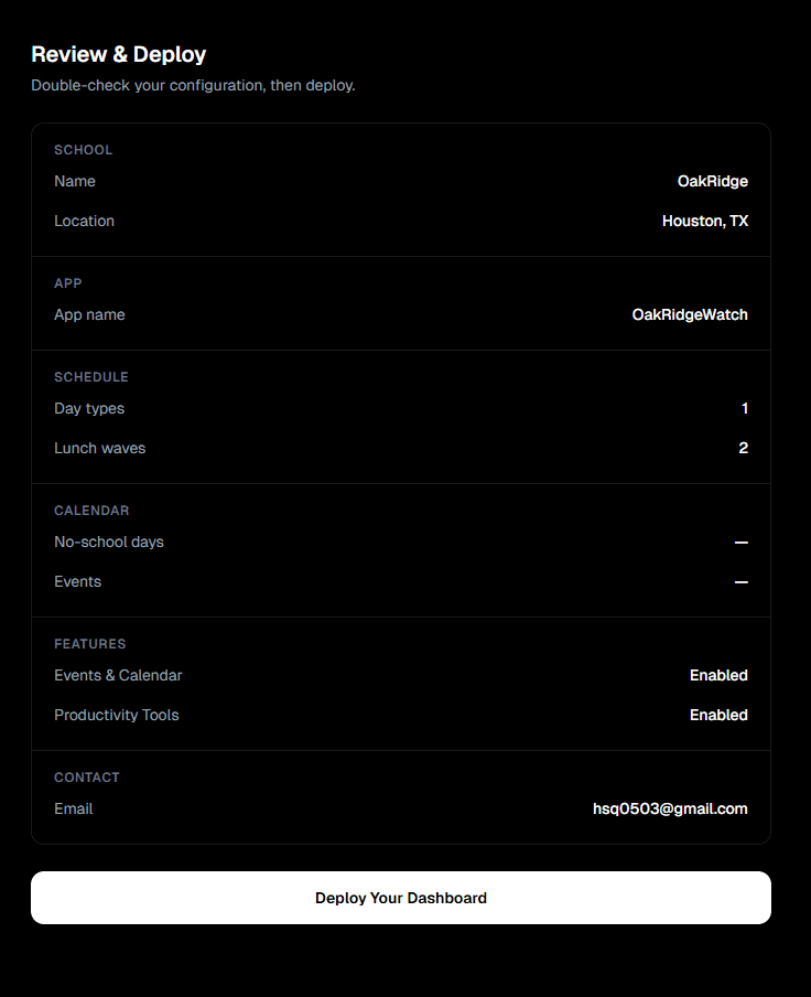 SchoolWatch wizard step 04: Deploy.